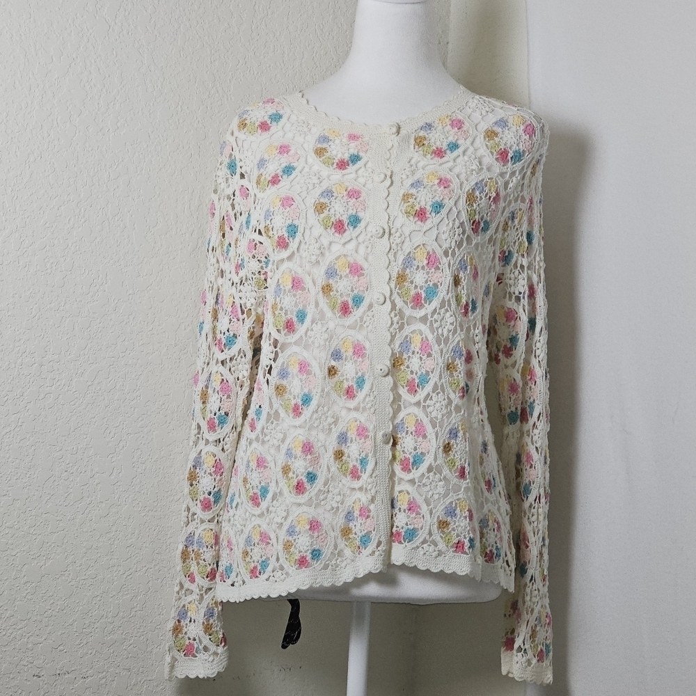 Floral Lace Crochet Button Down White Cardigan Sz SM- Med